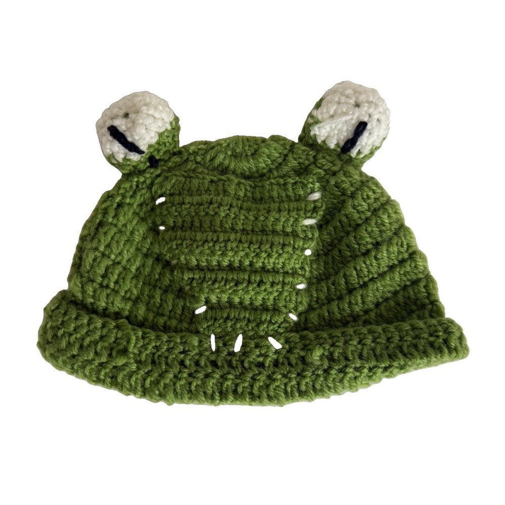 Handmade Crochet Frog Beanie Hat Green 3D Eyes Kawaii Costume Photo Prop
